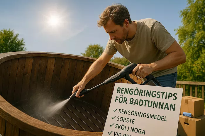 En person rengör en badtunna med en borste, skrubbar inuti den tomma tunnan medan solljus lyser ner